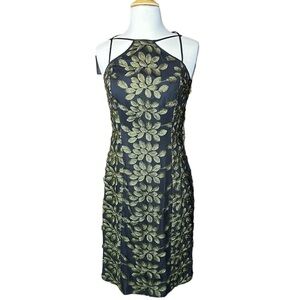 W by Worth Black And Green Embroidered Leaf Lace Shift Midi Dress SZ 0